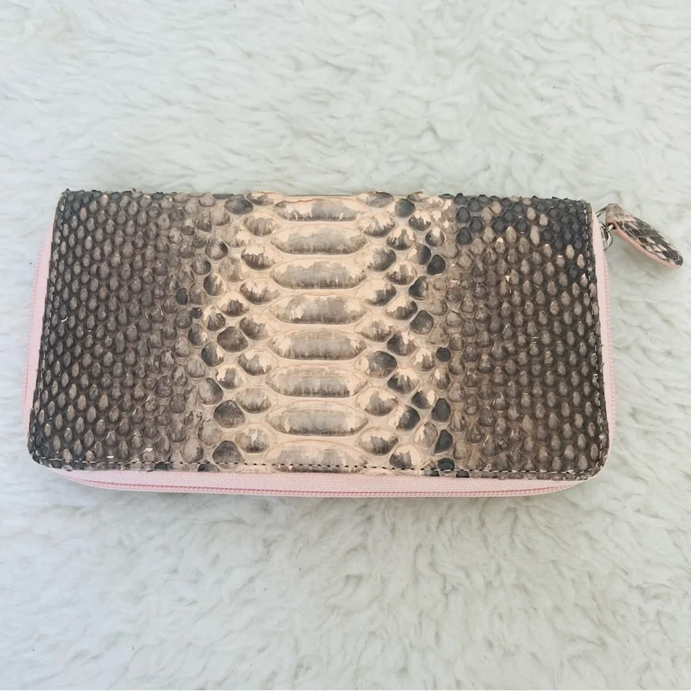 Genuine Python Snake Skin Leather Pink/ Black/Gray Zip Around Long Wallet